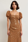 Robe de vacances midi en dentelle brune scintillante à manches