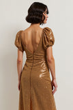 Robe de vacances midi en dentelle brune scintillante à manches