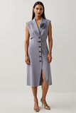 Robe de travail à revers en satin violet gris avec fente