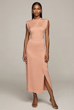 Robe longue formelle en satin fourreau Blush avec fente