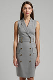 Robe de travail midi à double boutonnage en satin gris avec ceinture