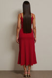 Robe de travail midi à bretelles spaghetti froncées rouges