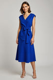 Robe de travail en ligne bleu royal à col en V avec nœud papillon