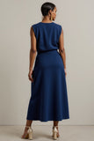 Robe de travail maxi col rond fourreau bleu marine