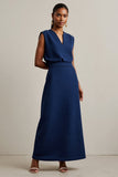 Robe de travail maxi col rond fourreau bleu marine