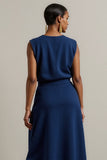 Robe de travail maxi col rond fourreau bleu marine