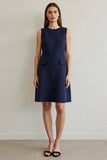 Robe de travail courte moulante à col rond bleu marine