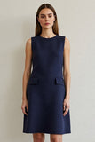 Robe de travail courte moulante à col rond bleu marine