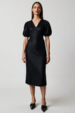 Robe de travail midi moulante noire à col en V avec manches