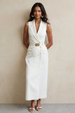 Robe maxi de travail à revers crantés fourreau blanc avec ceinture