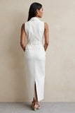 Robe maxi de travail à revers crantés fourreau blanc avec ceinture