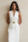 Robe maxi de travail à revers crantés fourreau blanc avec ceinture