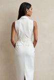 Robe maxi de travail à revers crantés fourreau blanc avec ceinture