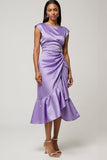 Satin Violet Moulant Cap Manches Midi Robe avec volants