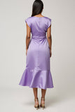 Satin Violet Moulant Cap Manches Midi Robe avec volants