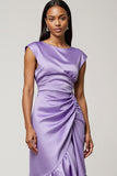 Satin Violet Moulant Cap Manches Midi Robe avec volants