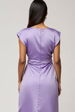 Satin Violet Moulant Cap Manches Midi Robe avec volants
