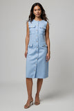 Robe de travail midi moulante bleue à col rond avec poches