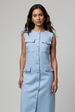 Robe de travail midi moulante bleue à col rond avec poches