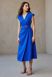 Bleu royal à col en V Robe de travail maxi trapèze avec ceinture