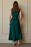 Robe de travail maxi en satin à col rond vert foncé avec ceinture