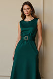 Robe de travail maxi en satin à col rond vert foncé avec ceinture