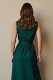Robe de travail maxi en satin à col rond vert foncé avec ceinture