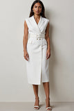 Robe de travail midi blanche à revers crantés avec ceinture