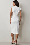Robe de travail midi blanche à revers crantés avec ceinture