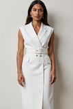 Robe de travail midi blanche à revers crantés avec ceinture
