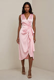Robe maxi de travail fourreau froncé en satin rose avec ceinture