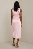 Robe maxi de travail fourreau froncé en satin rose avec ceinture