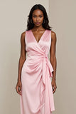Robe maxi de travail fourreau froncé en satin rose avec ceinture