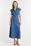 Gris bleu Cap manches fourreau Maxi robe de travail avec ceinture