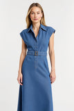 Gris bleu Cap manches fourreau Maxi robe de travail avec ceinture