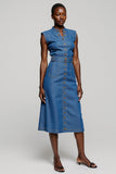 Gris Bleu Midi Robe de Travail A Line avec Ceinture