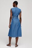 Gris Bleu Midi Robe de Travail A Line avec Ceinture