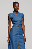 Gris Bleu Midi Robe de Travail A Line avec Ceinture
