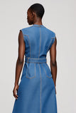 Gris Bleu Midi Robe de Travail A Line avec Ceinture