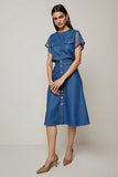 Robe de travail midi à col rond gris bleu avec manches