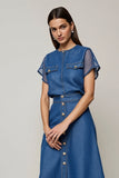 Robe de travail midi à col rond gris bleu avec manches