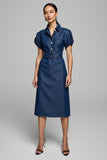 Gris Bleu Manches Courtes Moulante Midi Travail Robe avec Ceinture