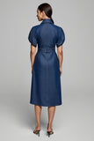 Gris Bleu Manches Courtes Moulante Midi Travail Robe avec Ceinture