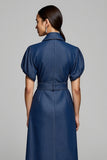 Gris Bleu Manches Courtes Moulante Midi Travail Robe avec Ceinture