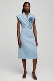 Robe de travail midi à revers crantés floral bleu clair avec ceinture