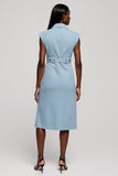 Robe de travail midi à revers crantés floral bleu clair avec ceinture