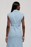 Robe de travail midi à revers crantés floral bleu clair avec ceinture