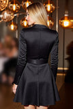 Robe de travail courte moulante à revers en pointe noire avec manches