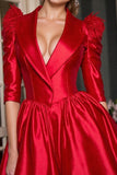 Robe de travail courte à revers châle rouge avec franges