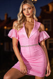 Corset rose Robe courte de bal froncée serrée avec volants